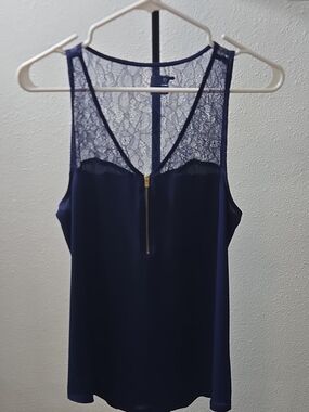 Express Navy Blue Lace Yoke Sleeveless Top with Gold Zip